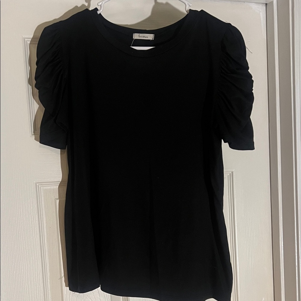 Elegant Black Short Sleeve Top with Ruched Sleeves